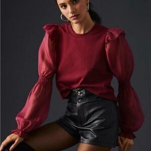 Anthropologie Wine Red Puff Sleeve Blouse
